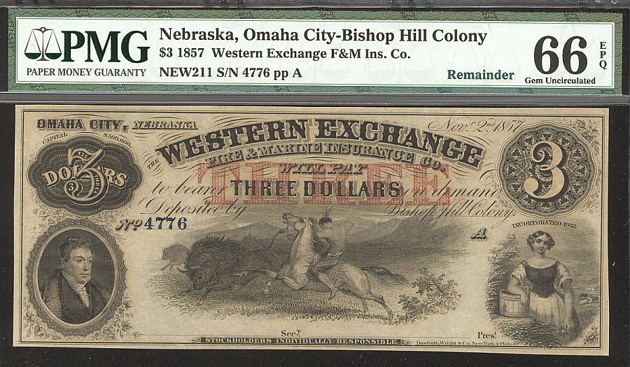 Omaha City, NE - Bishop Hill Colony, 1857 $3 Western Exchange Ins. Co., GemCU, PMG66-EPQ